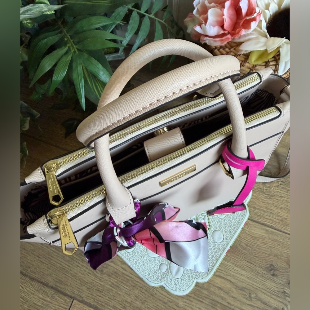 Trina Turk Vegan Leather Satchel Crossbody Bag in Nude w/Black Trim - Picture 5 of 12